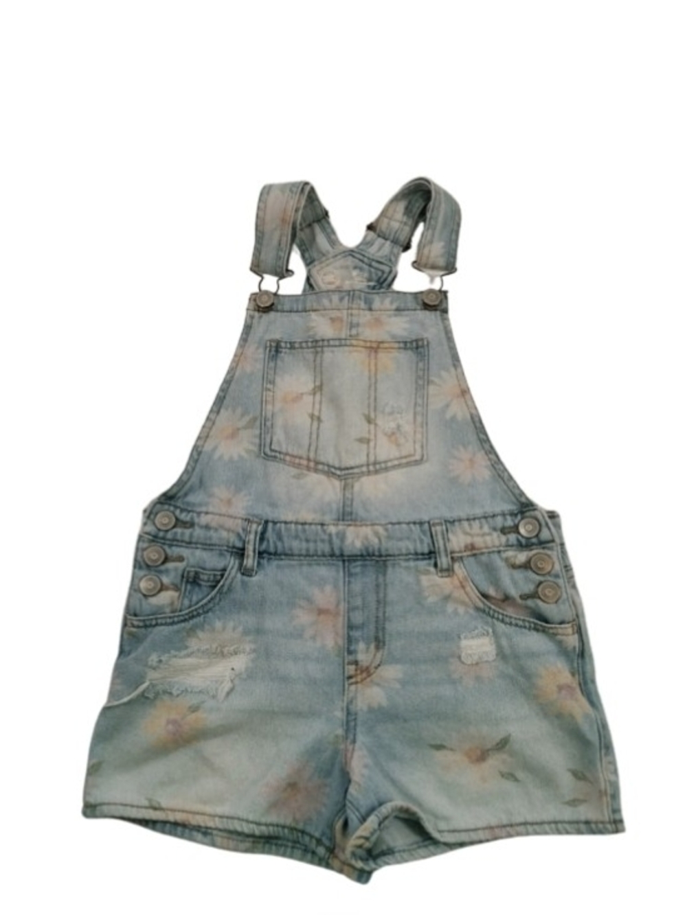 Girls Size 7/8 Floral Denim Short Overalls - Light Blue With Daisys